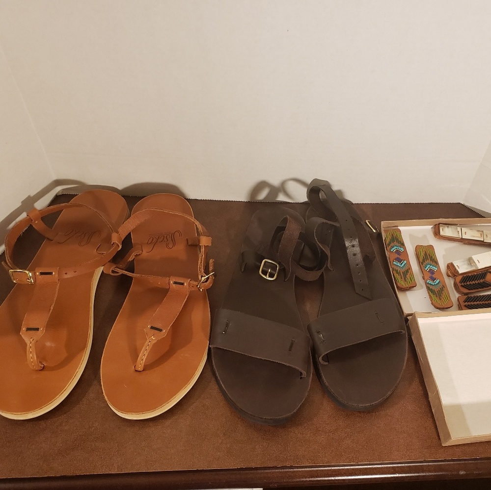 Sseko caramel T-Strap Espresso Rue Sandals Sz 10